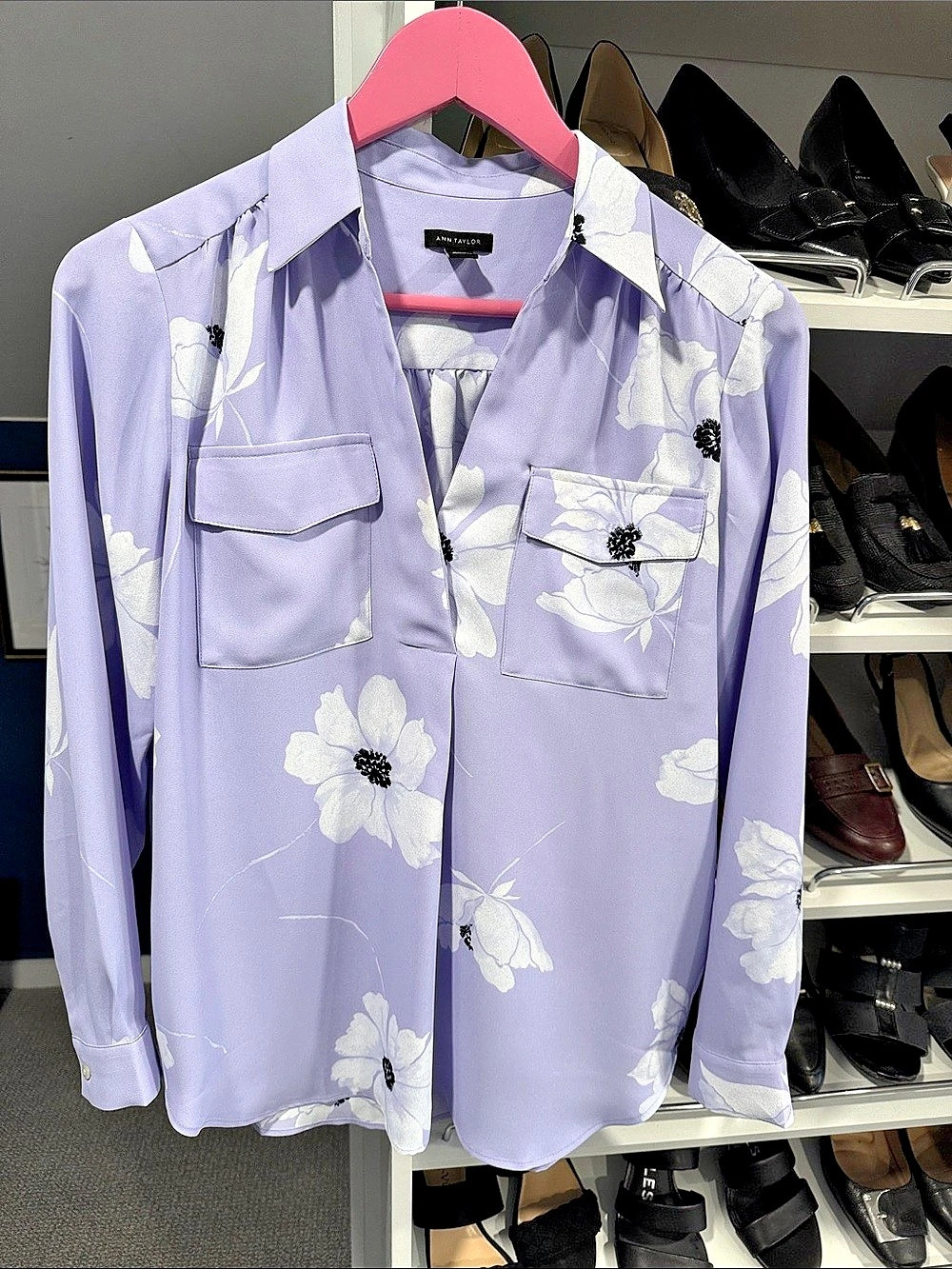 Ann Taylor Floral Blouse in Purple & White